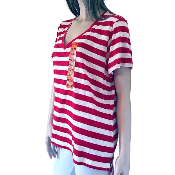 Nicole Miller Stripe Tee t-shirt Tank Top Red V-Neck Short Sleeve Hi Low NWOT - Picture 5 of 15
